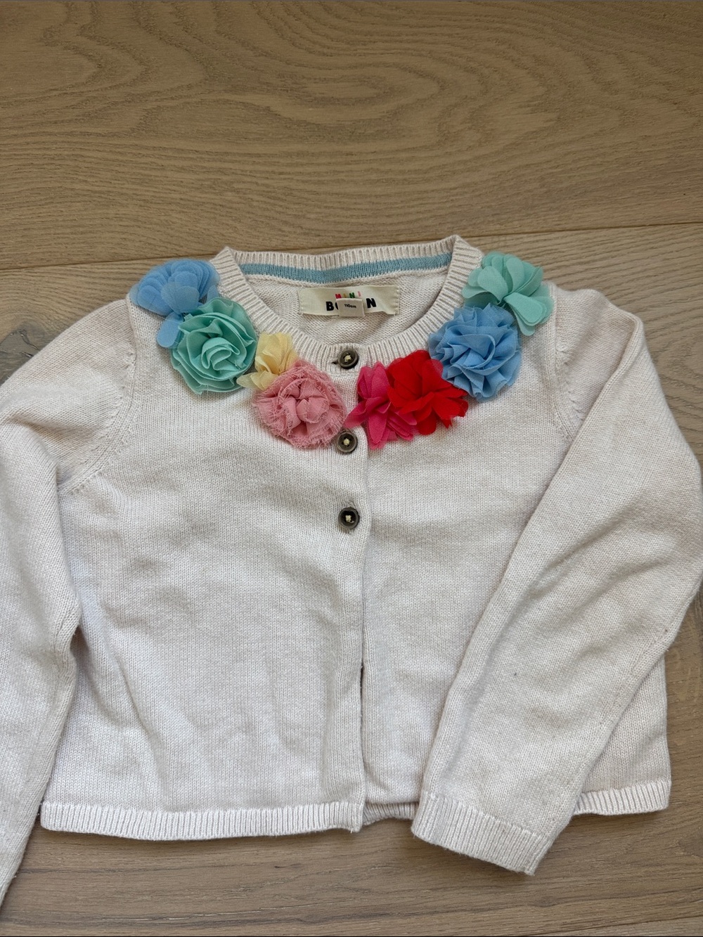 Mini Boden White Cardigan with Multicolor Flower Appliqués
